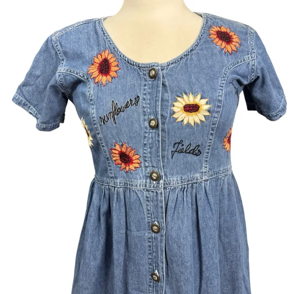 Vintage 90s Jane Ashley Petite Denim Maxi Dress Sunflower Embroidery PM